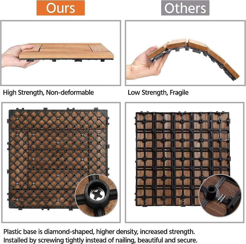 27PCS Natural Wood Deck Tiles Interlocking Patio Deck Tiles Solid Wood and Plastic Indoor&Outdoor 12 x 12in
