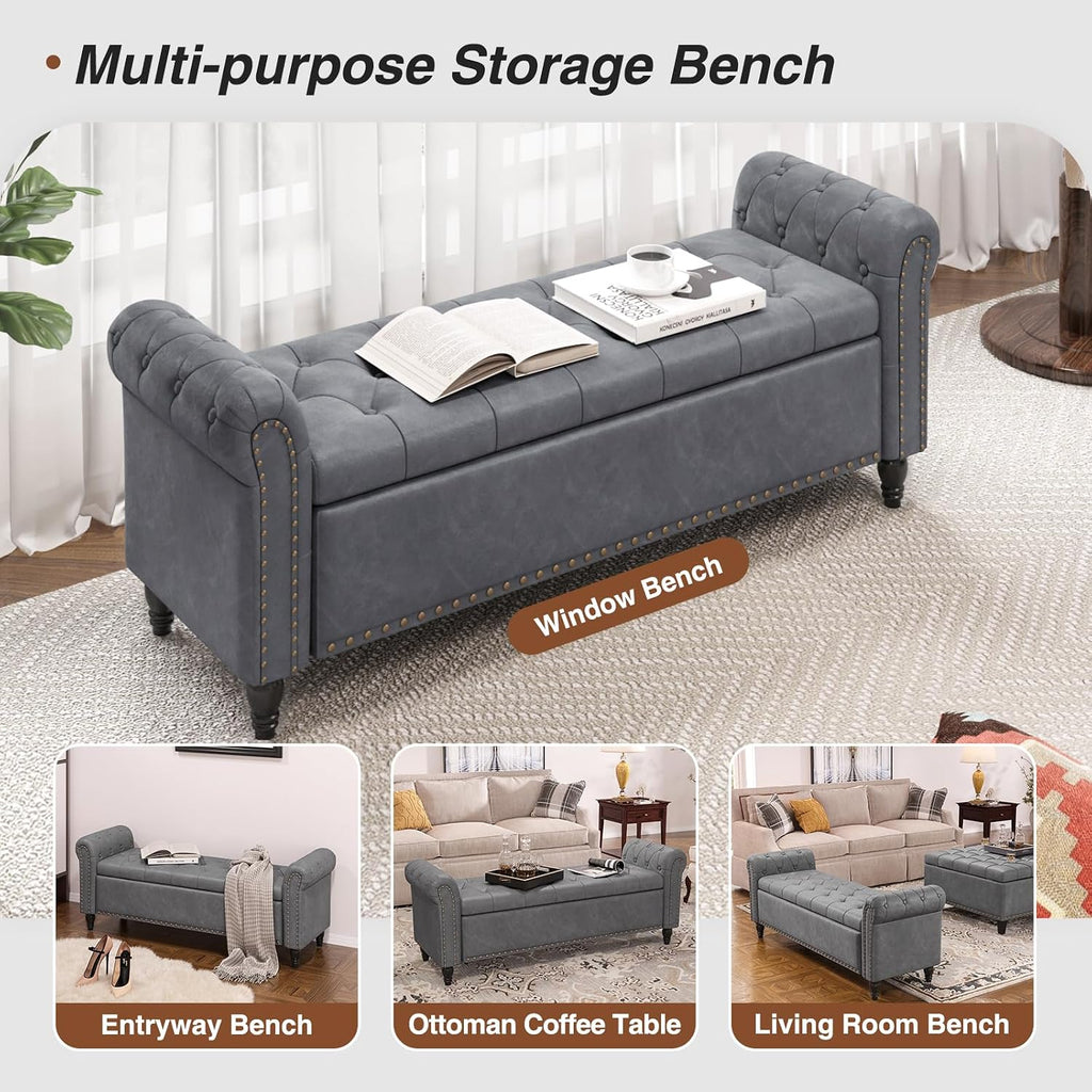 55 Inch Bedroom Bench, End of Bed Bench with Storage, Grey | Bed Benches for Foot of Bed, Faux Leather Window Bench