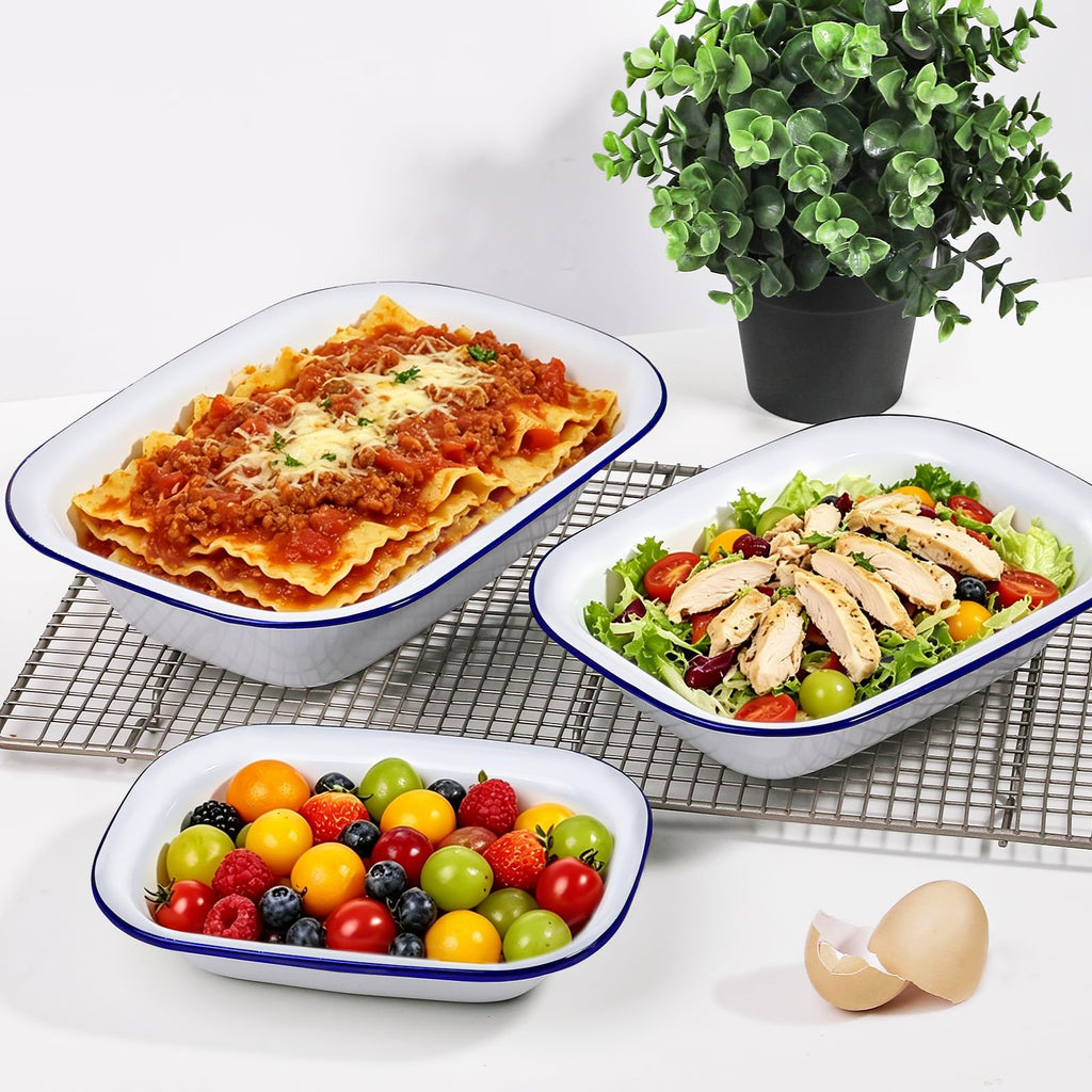 Enamelware Roasting Pan 3 Pack Enameled Steel Oblong Pie Pan Pie Dish Roaster Pan Food Containers, Solid White with