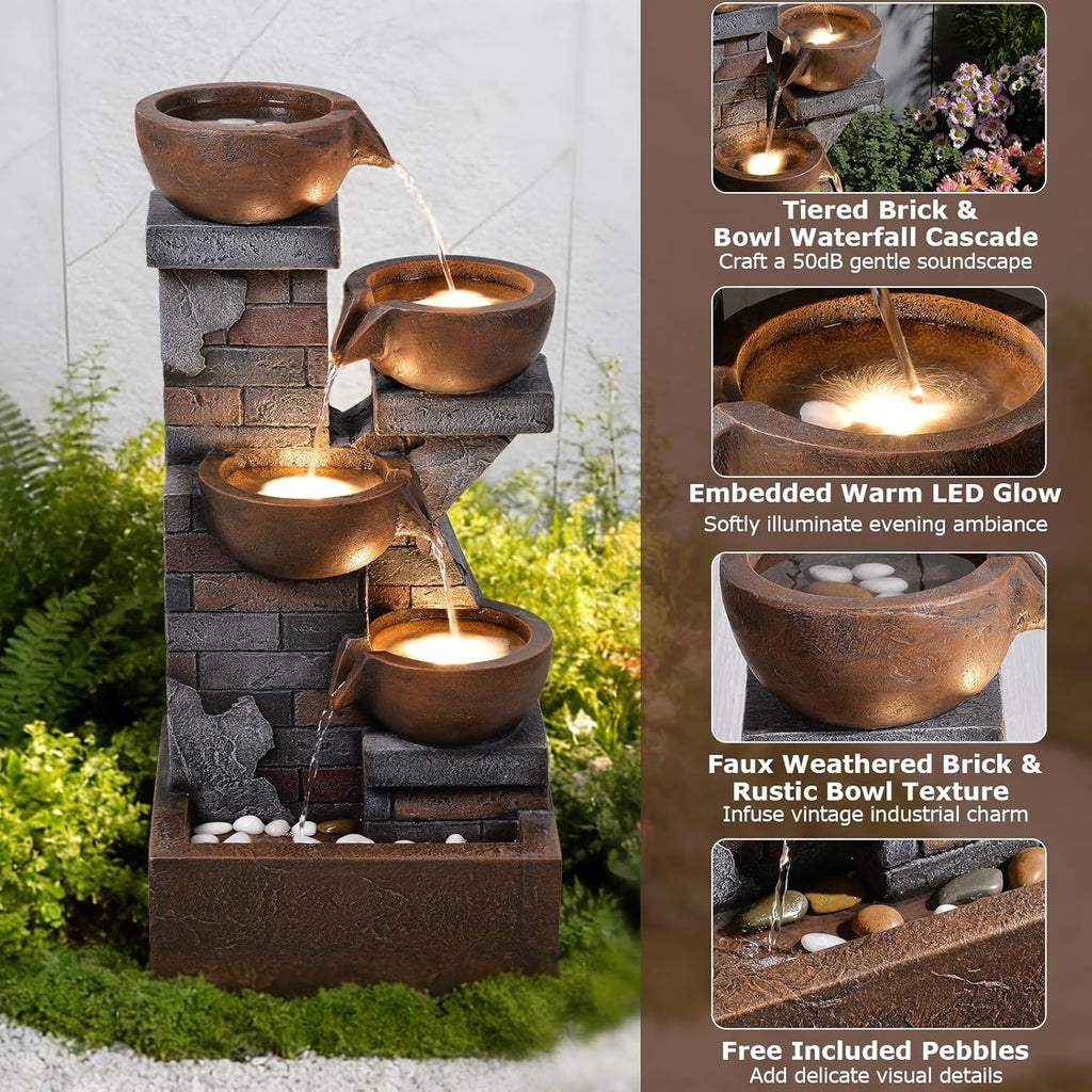 33.5" Tall Outdoor Water Fountain,4 Tiered Cascading Bowl Outdoor Freestanding Fountains with Light