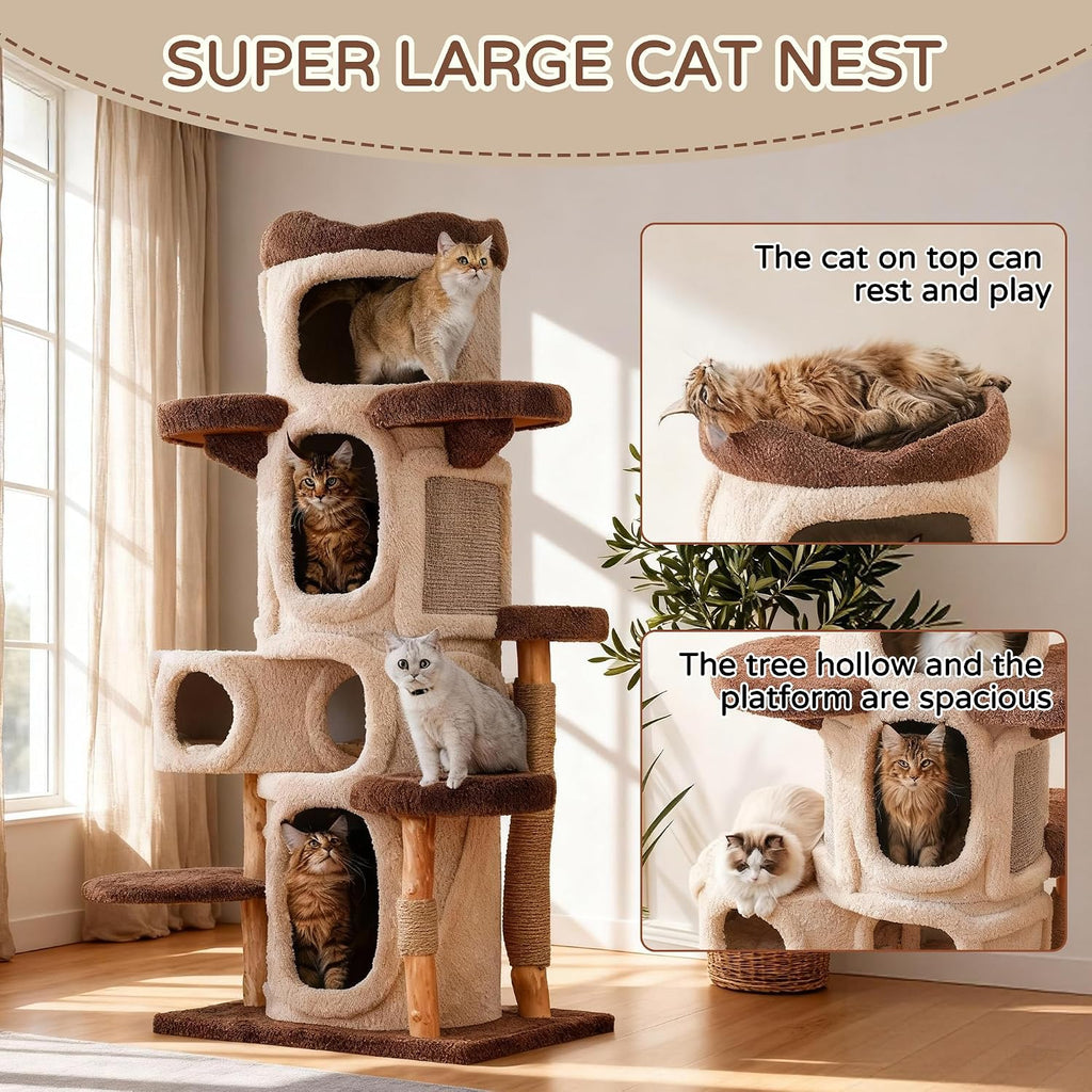 Cat Tree Tower for Large Cats, 69" Tall Heavy Duty Modern Cat Tower with Natural Wood Trunks, Multi-Level Cat Condo &