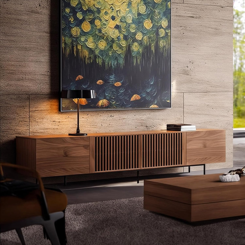 Mid Century Modern TV Stand with 4 Doors, 94.48 Inch Wide Entertainment Center TV Console for Living Room Bedroom