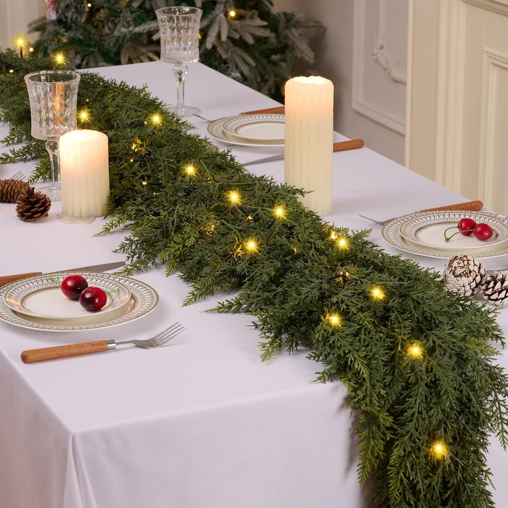 9FT 1Pcs Christmas Cedar Garland with Lights Realistic Faux Pine Garlands