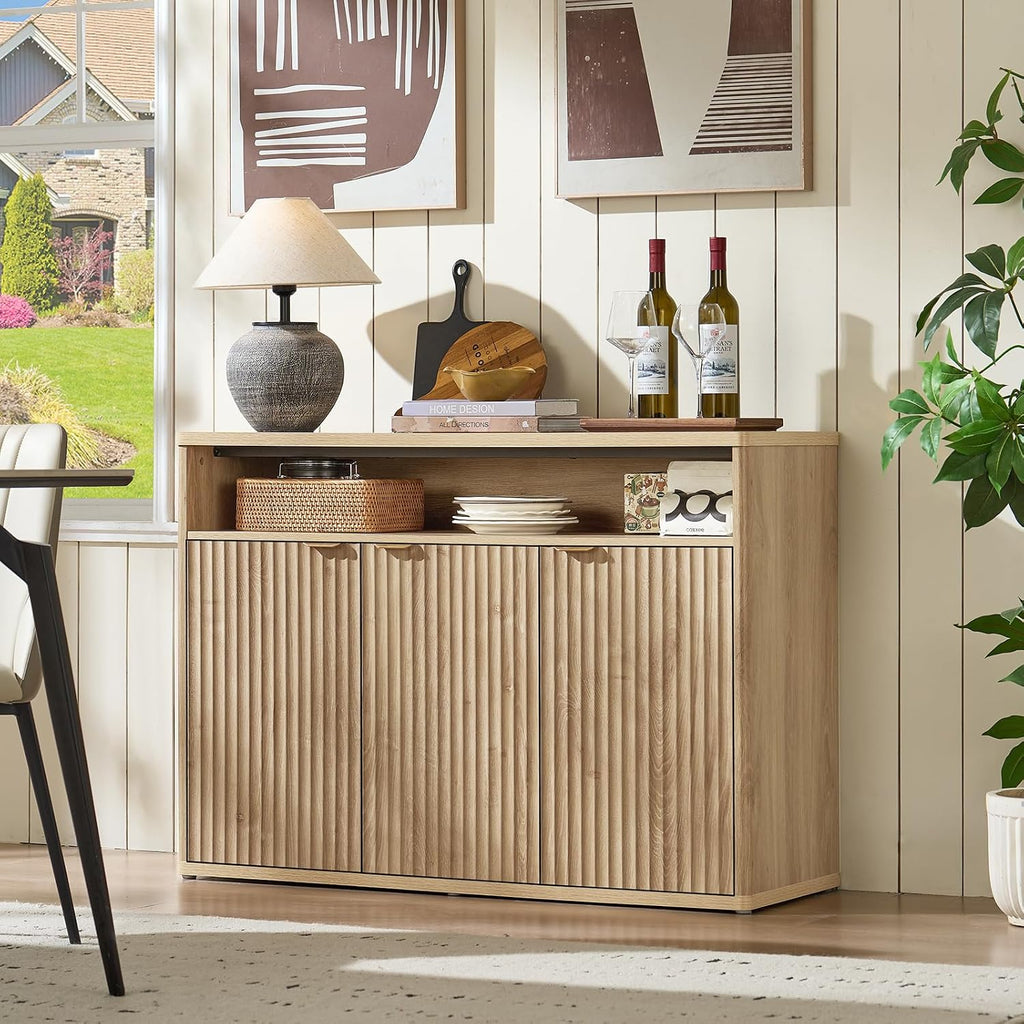 45" Fluted Buffet Cabinet with 3 Doors & Open Shelf - Natural Oak Sideboard Credenza with Gold Handles