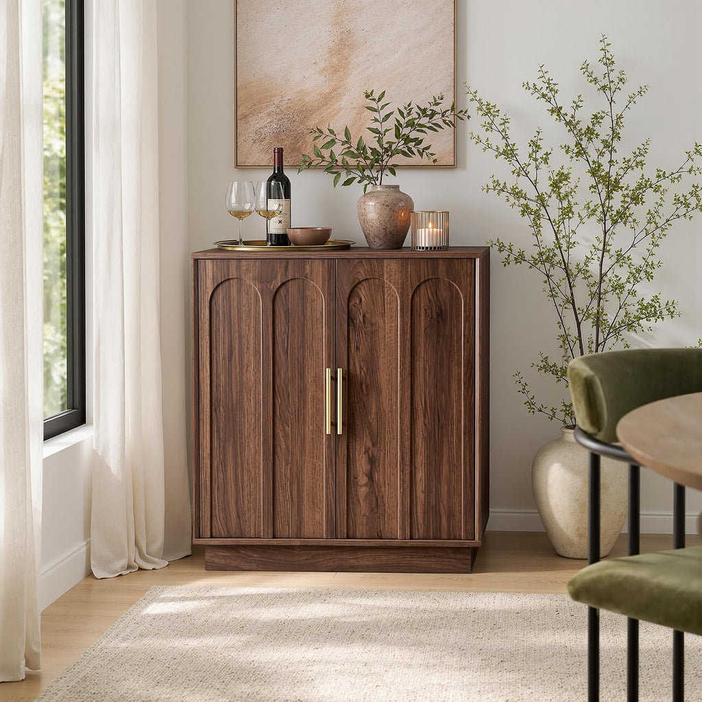 31.5" Wine Bar Cabinet, Mid Century Modern Sideboard, Walnut | Liquor Cabinet with 3 Stemware Racks, 21 Wine Racks