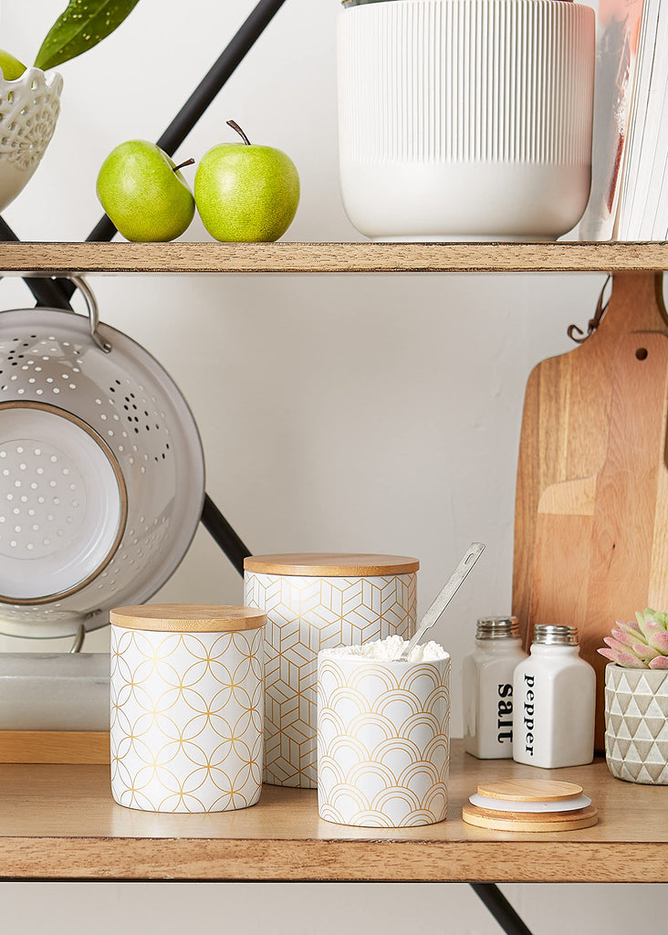 Kitchen Ceramics Collection, Canister Set, Mixed Print, White/Gold, 3 Piece