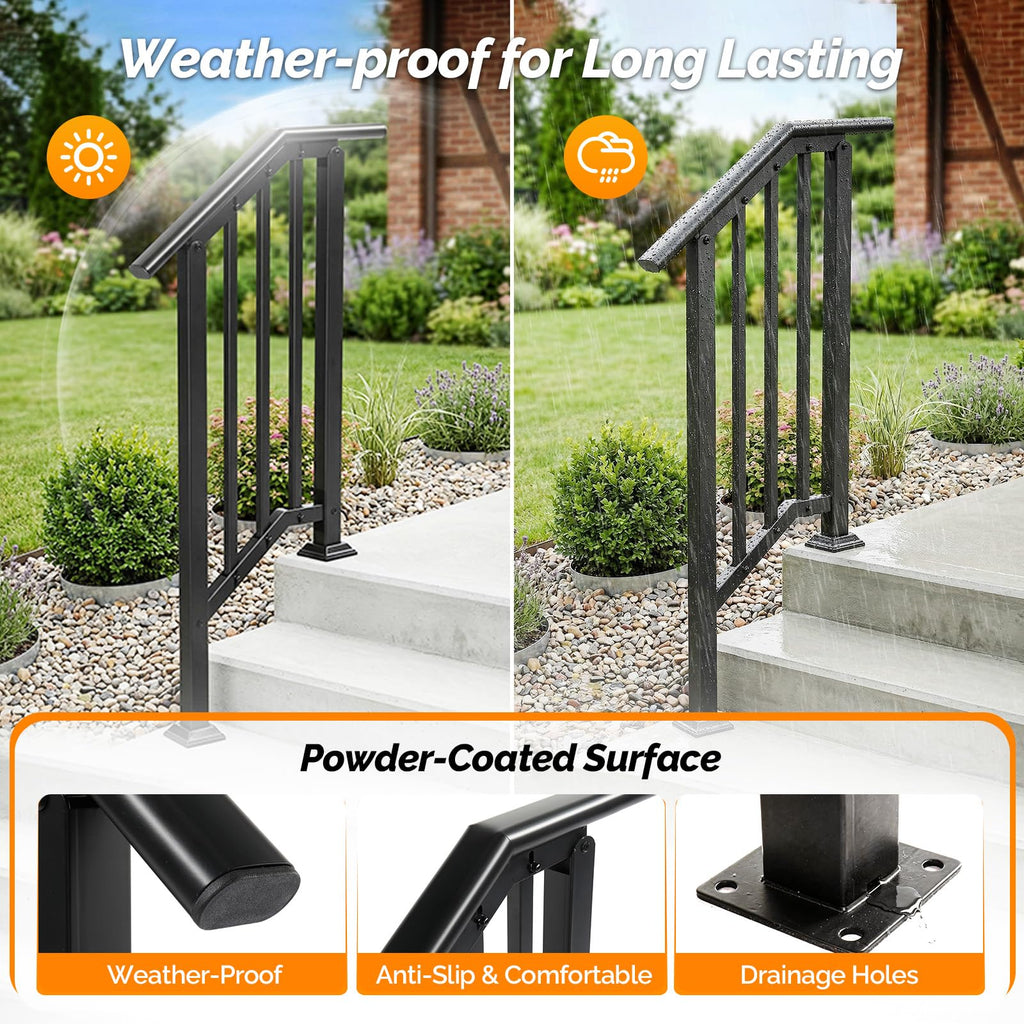 2 Pack 2 Step Handrails for Outdoor Steps, Wrought Iron Stair Railing Fits 1 or 2 Steps, Metal Hand Railing with