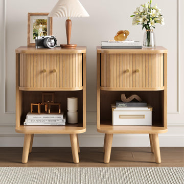 Fluted Nightstand Set of 2, Mid Century Modern Bedside Table with Charging Station, Walnut End Tables with Sliding
