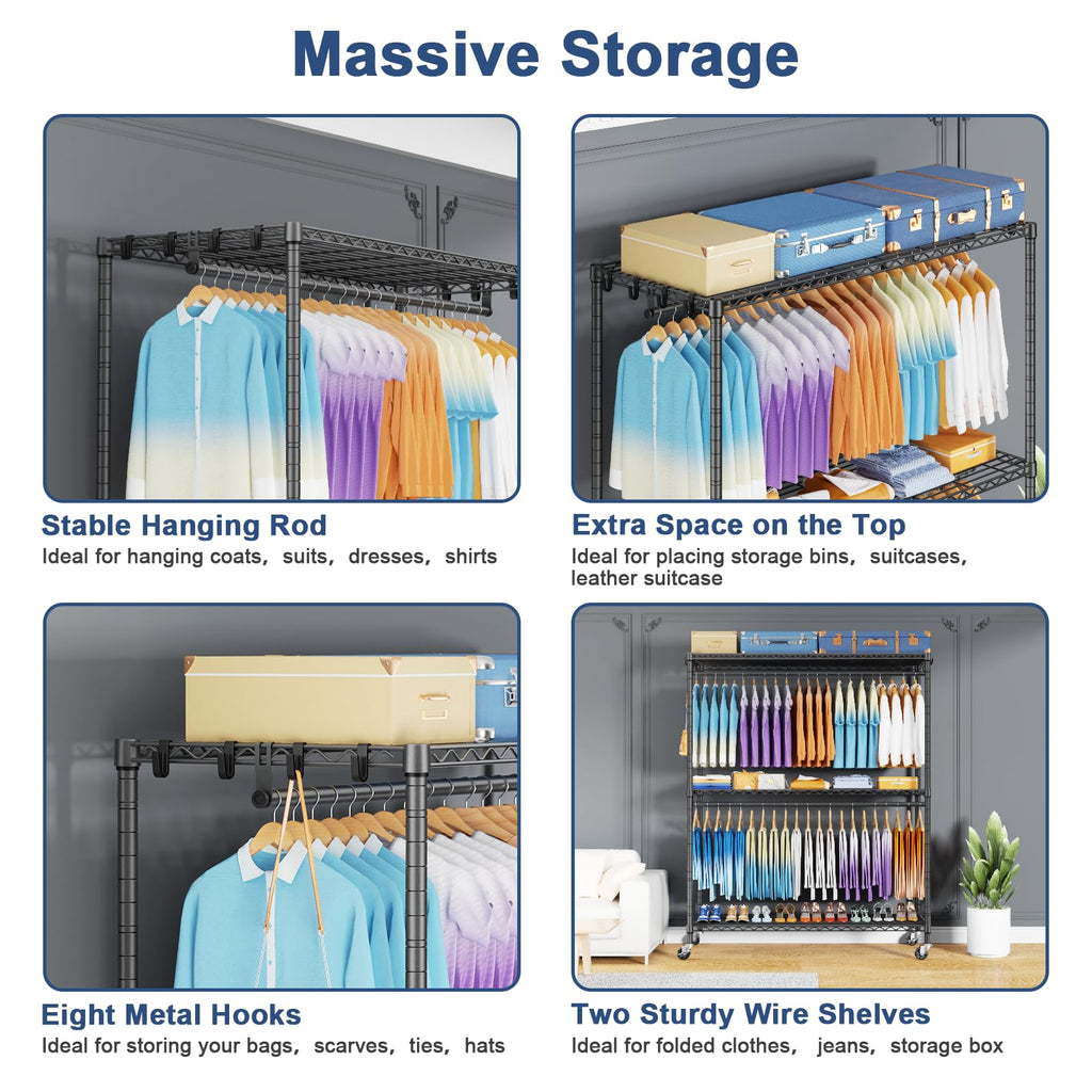 P8 Max Heavy Duty Clothes Rack(With Extended Width Design) Rolling Clothing Racks for Hanging Clothes, Portable