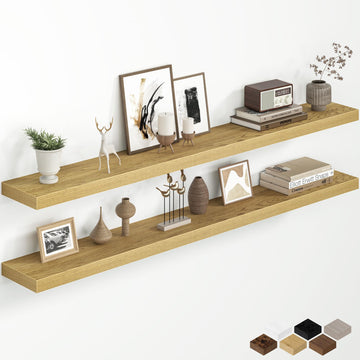 60 Inch Floating Shelves for Wall, 8 Inch Deep Wall Mounted Wood Shelves with Invisible Brackets Storage Decor, Oak
