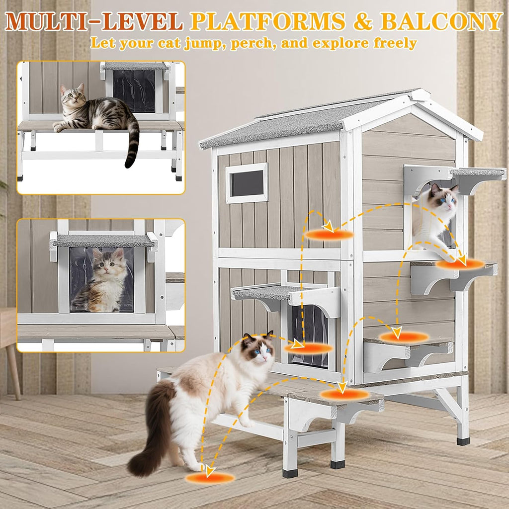 Insulated Outdoor Cat House for 2-3 Cats, 2-Story Wooden Shelter