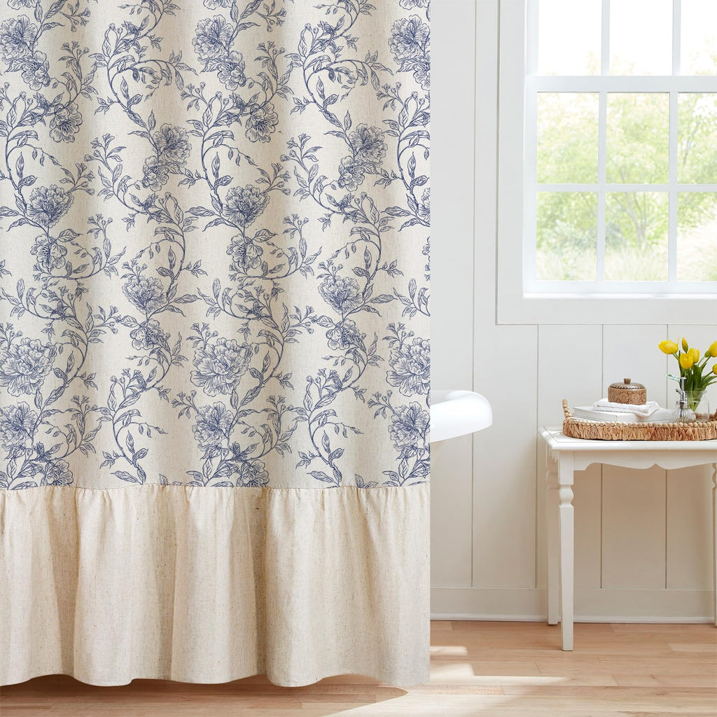 Blue Floral Toile with Ruffle Trim - Vintage French Country Bathroom Decor with Linen Texture, Cottagecore Aesthetic