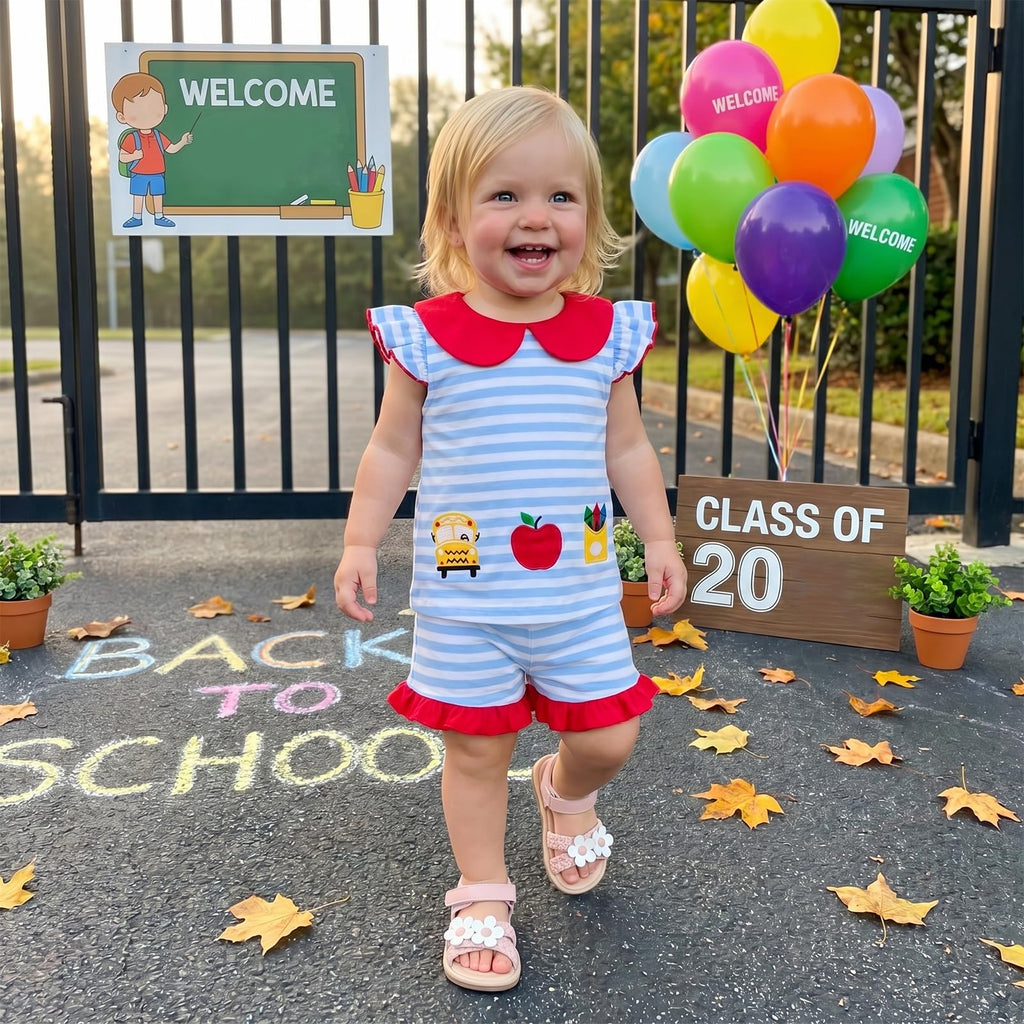 Little Girl Back To School Outfit Apple Pencil Embroidered Striped Peter Pan Collar Fly Sleeve Tops and Shorts Set