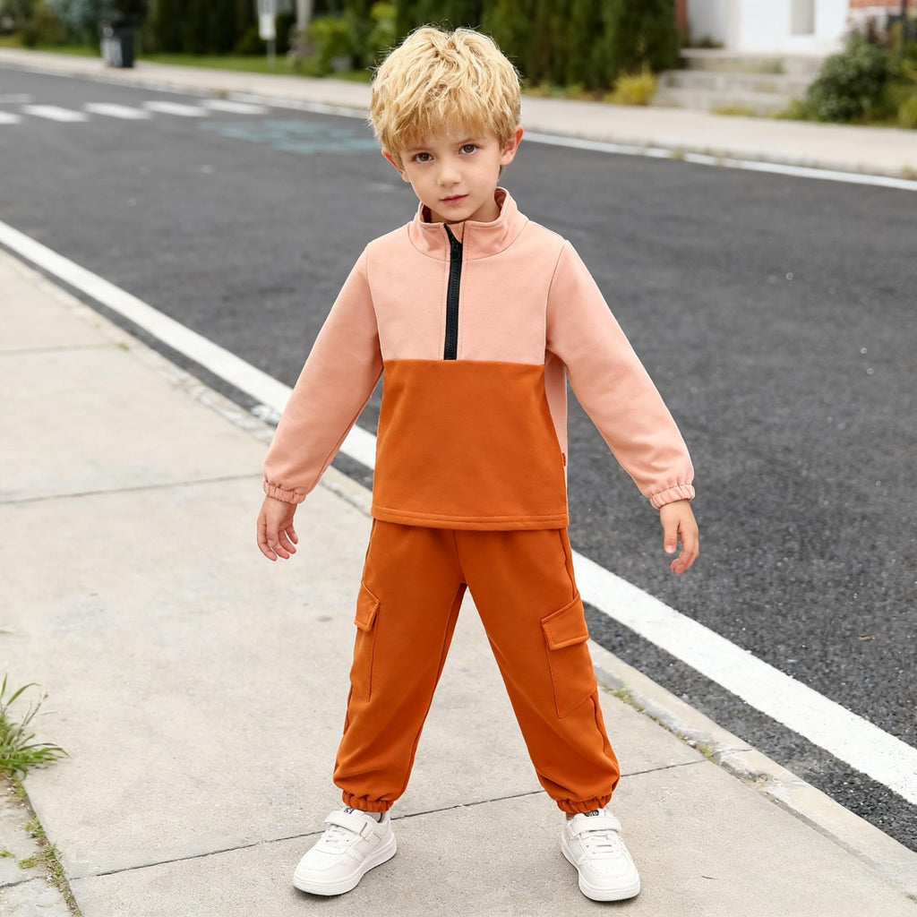 Toddler Boys Clothes Quarter Zip Long Sleeve Sweatshirt Cargo Pants Set Color Block Fall Outfits Set 7
