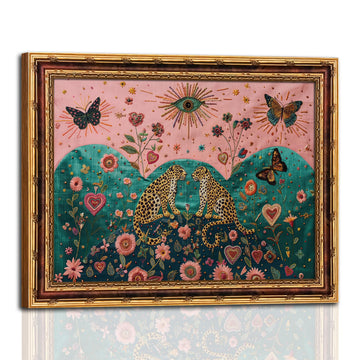 Mystical Leopard and Butterfly Wall Art with Gold Vintage Frame, Surreal Botanical Folk Art Print, Embroidery Style