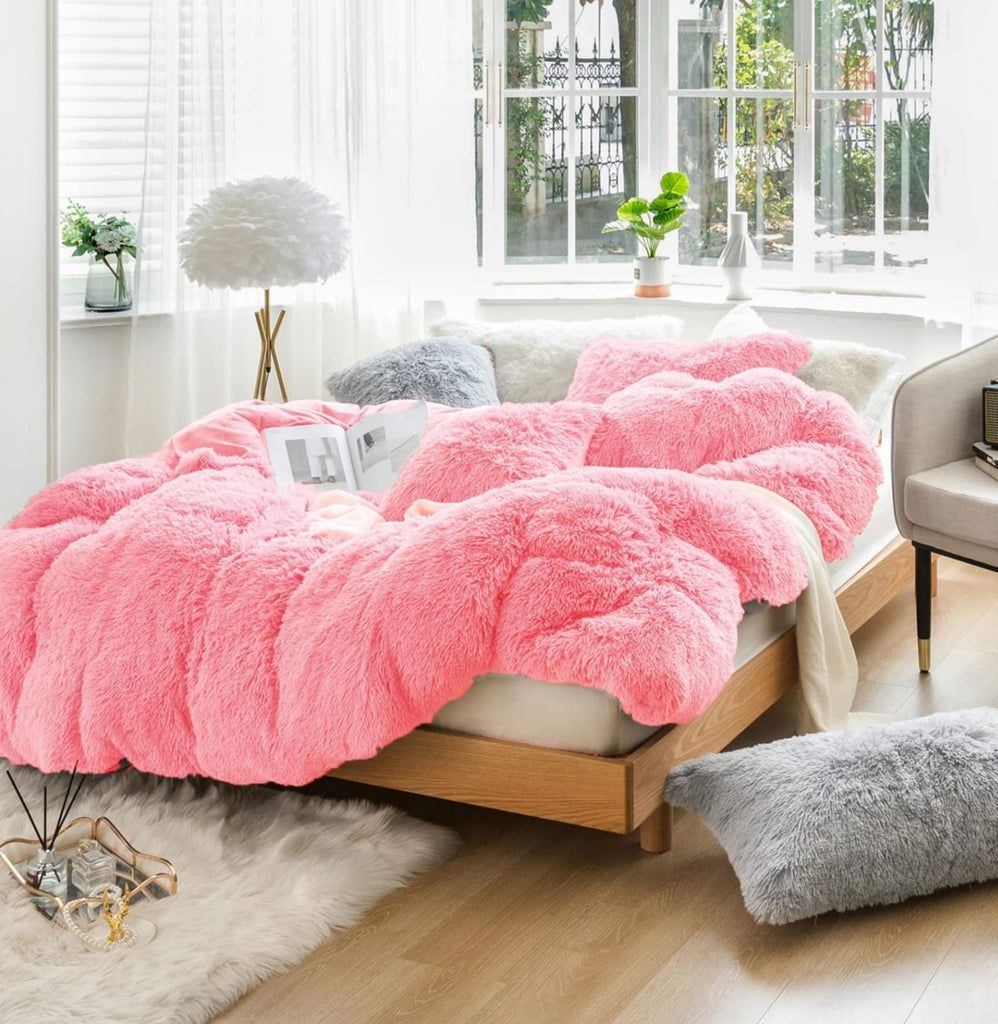 Plush Shaggy Longfur Duvet Cover Set Flannel Velvet Bedding (1Faux Fur Cover+2 Faux Fur Pillowcase) Fluffy Comforter