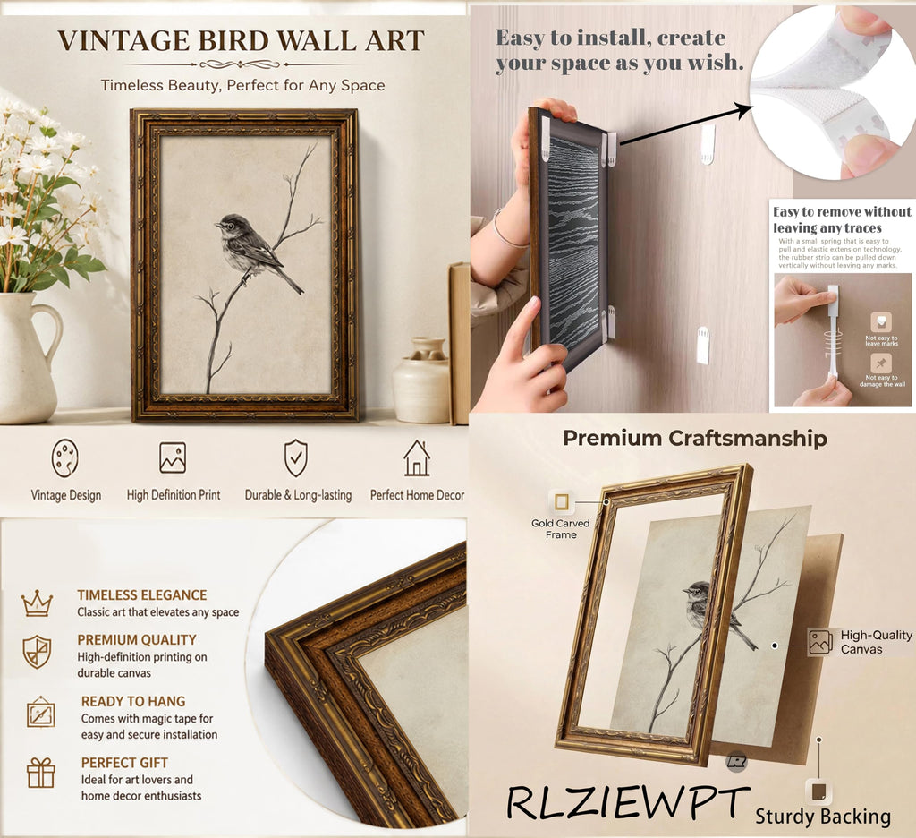 Vintage Gold Framed Bird Wall Art, Rustic Farmhouse animal poster