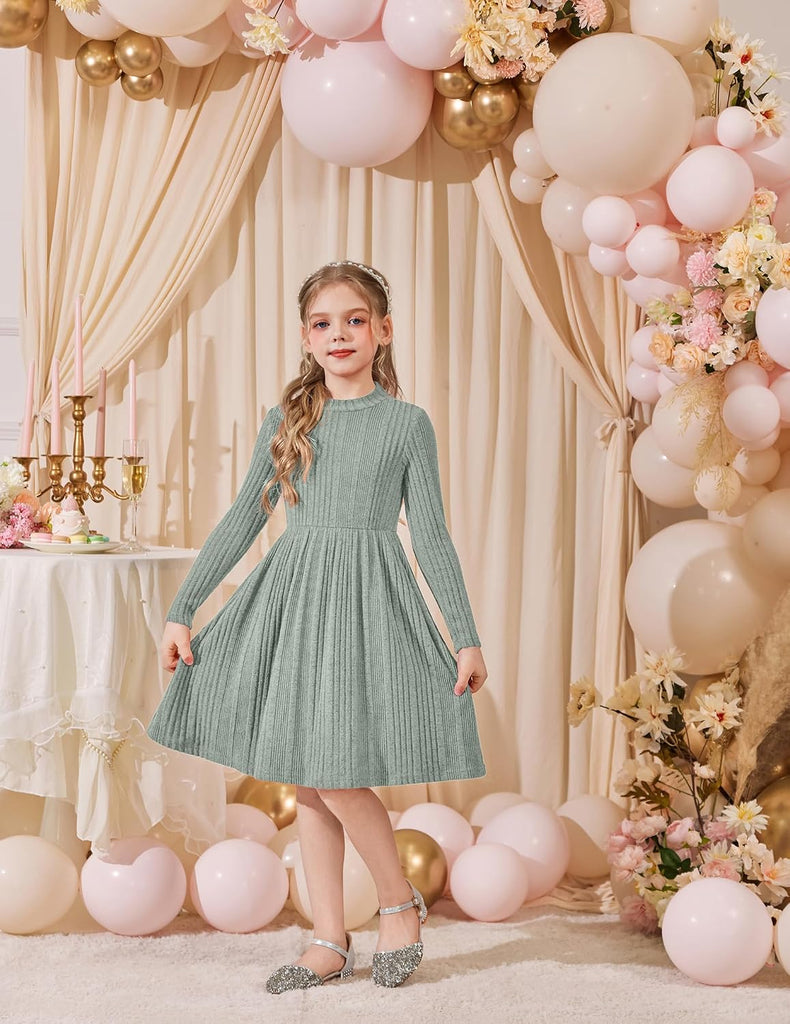 Girls Dresses Long Sleeve A Line Knit Sweater Dress with Pockets