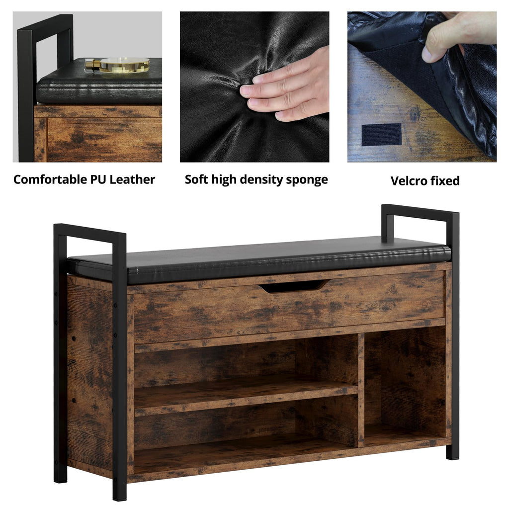 Shoe Storage Bench, Entryway Bench with Lift Top Storage Box, Metal and Board Bench, Two Tier Shoe Rack Organizer