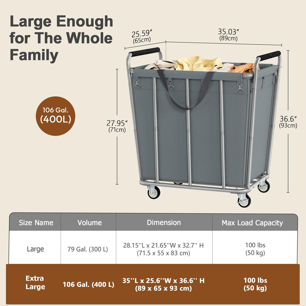 Large Laundry Cart with Wheels, 400L Heavy Duty Laundry Basket Organizer, Rolling Hamper Sorter for Clothes Storage