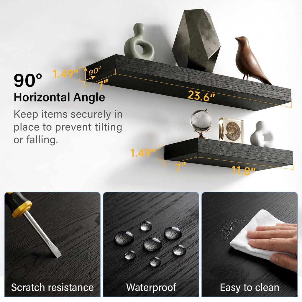 Black Modern Floating Shelves for Wall, 24 Inch Long Shelf Set of 2