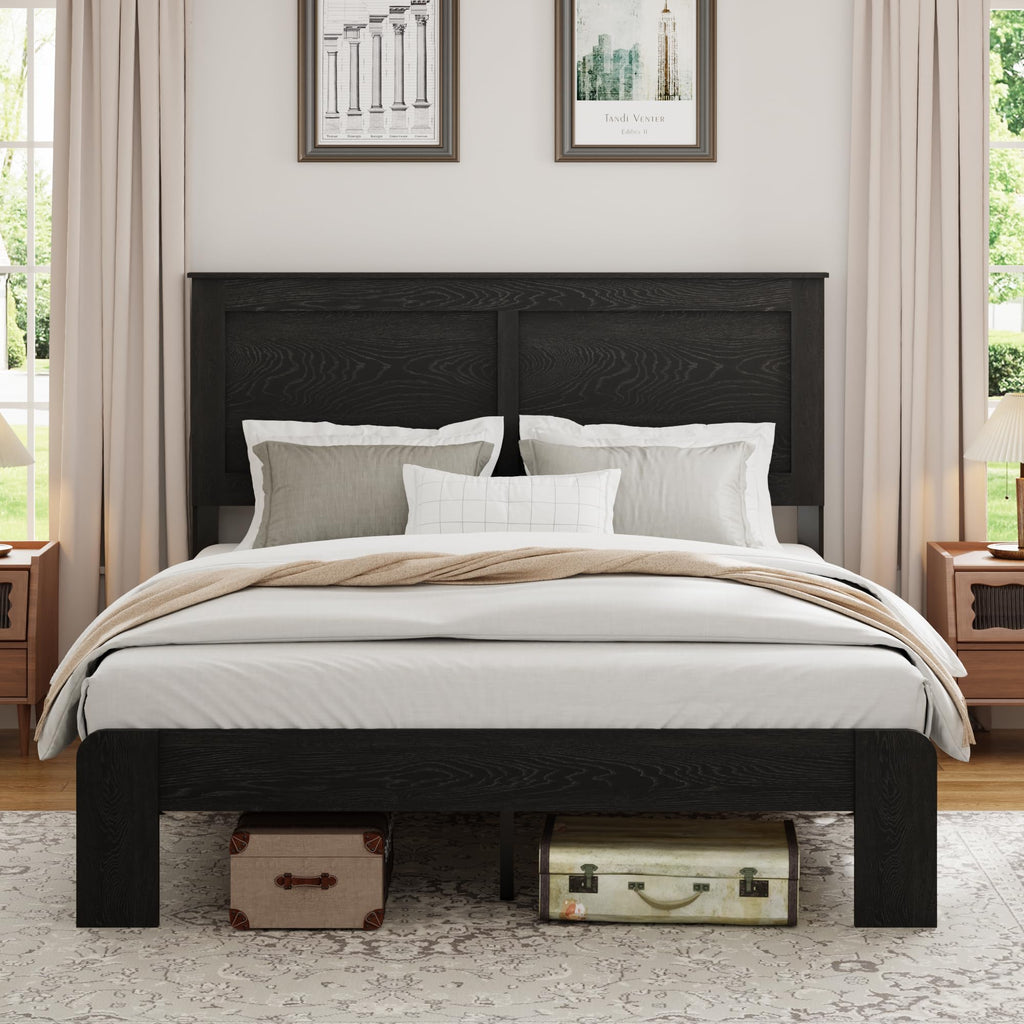 Wood Platform Bed Frame, Queen Size Bed Frame with Headboard, Black
