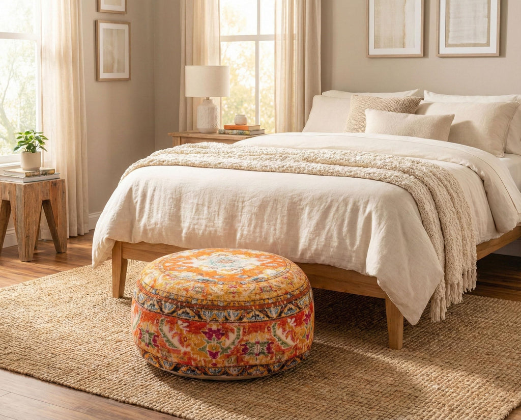 Colorful Pouf Cover Orange Round Orange Floor Pillow Seating Area Stool Boho Room Décor Accent Furniture Cotton 24x8