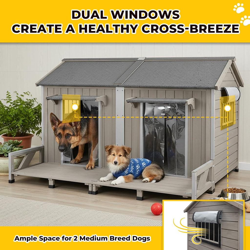 Extra Large Outdoor Dog House with Balcony, Weatherproof Kennel for 2 Dogs