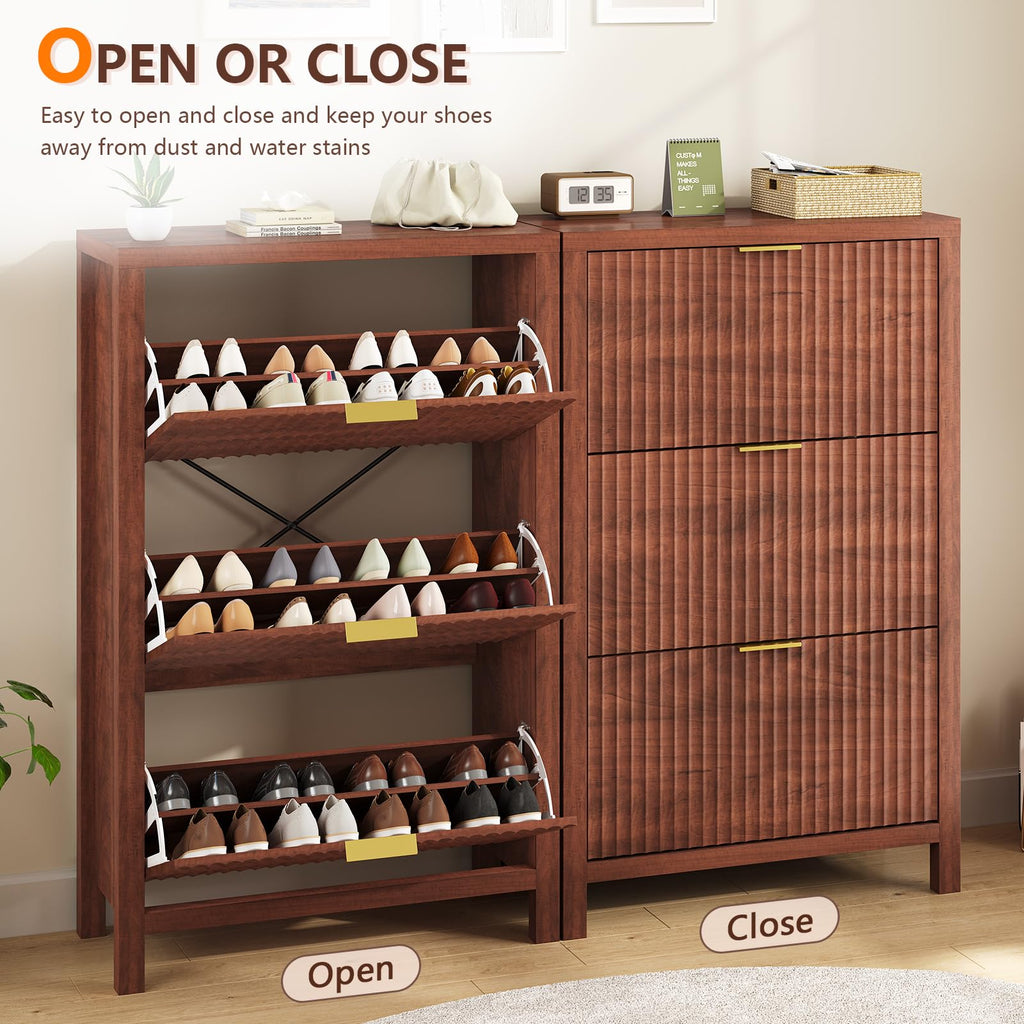 32" Fluted Shoe Cabinet Storage with 3 Flip Drawers
