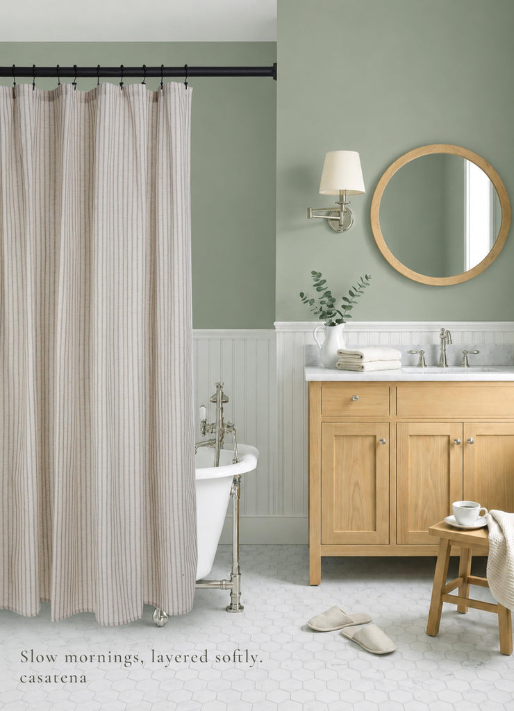 Farmhouse Striped - 72x72 Inches, Linen Blend Fabric, Breathable & Machine Washable, Rustic Sage Decor (Hooks/Liner