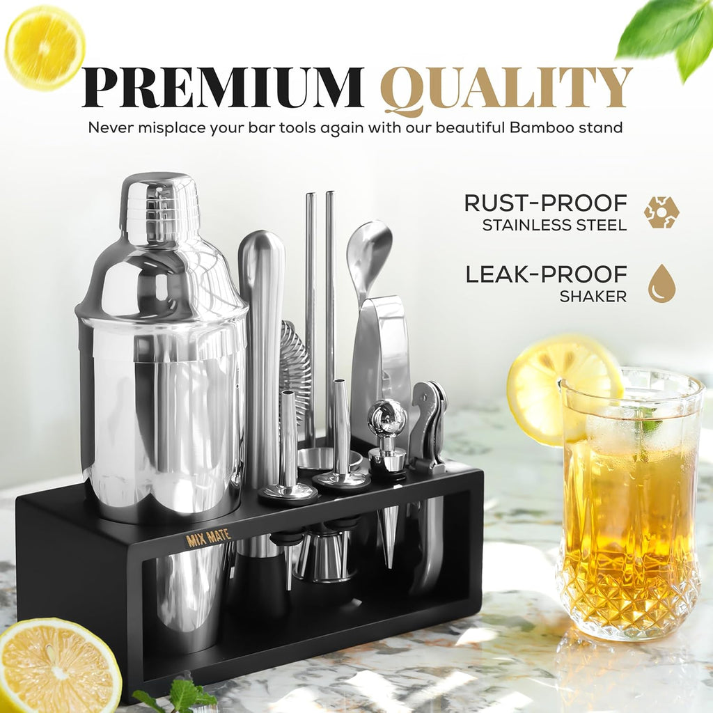 Mixology Bartender Kit with Stand - 15 Piece Bar Tool Set, Silver Bar Set Cocktail Shaker Set for Drink Mixing