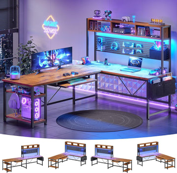 L Shaped Computer Desk, Reversible Corner Desk with Power Outlet | Gaming Desk with Pegboard, Led Lights, Keyboard
