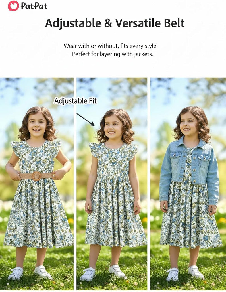 Girls Boho Floral Swing Dress Ruffle Sleeve Braided Belt