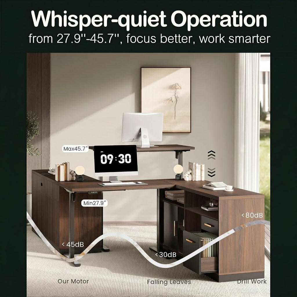 67" L Shaped Standing Desk with File Cabinet, Adjustable Height | One-Piece Electric Executive 1.18" Desk, Built-in