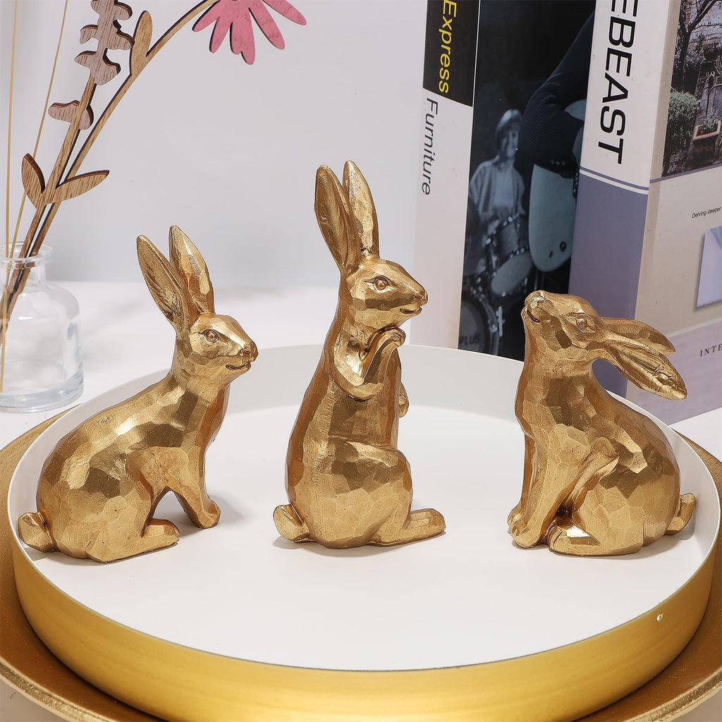 Easter Bunny Figurines Decor, Mini Resin Golden Bunnies Spring Sculpture Tabletop Ornament, Rabbits Festival - Set of 3