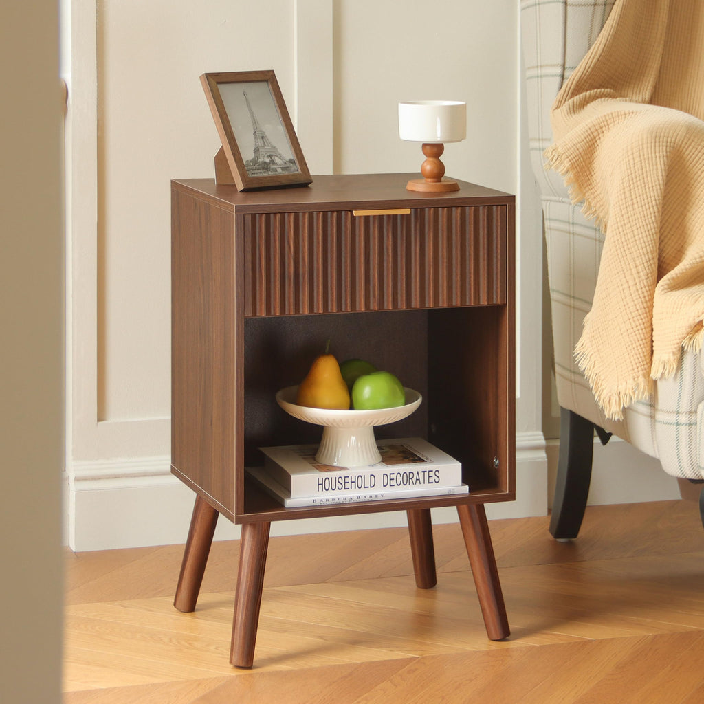 Walnut Nightstand, Fluted Bedside Table with Drawer and Open Shelf