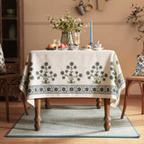 Designer Vintage Small Blue Rectangle Table Cloth,Linen Leaves Pattern Floral Tablecloth,Farmhouse F