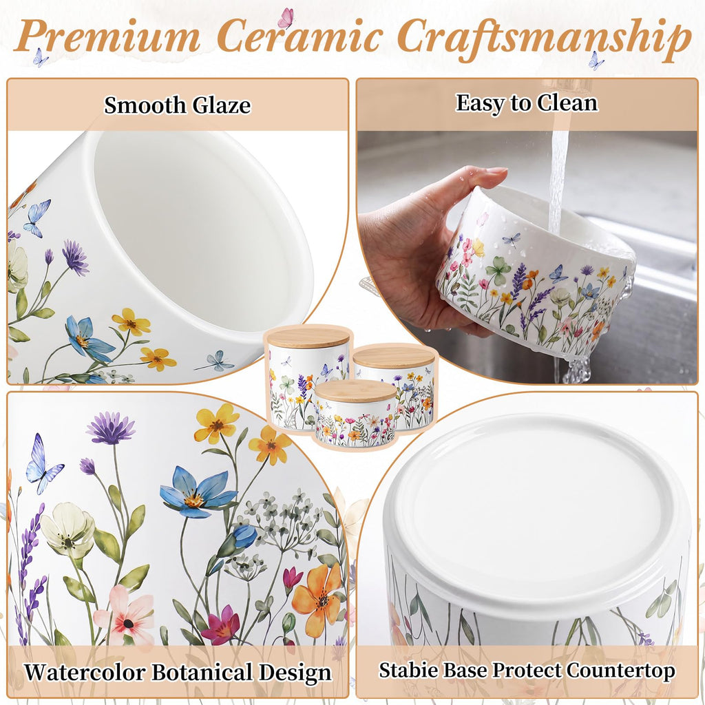 Floral Ceramic Canisters Set with Wooden Airtight Lids, Set of 3