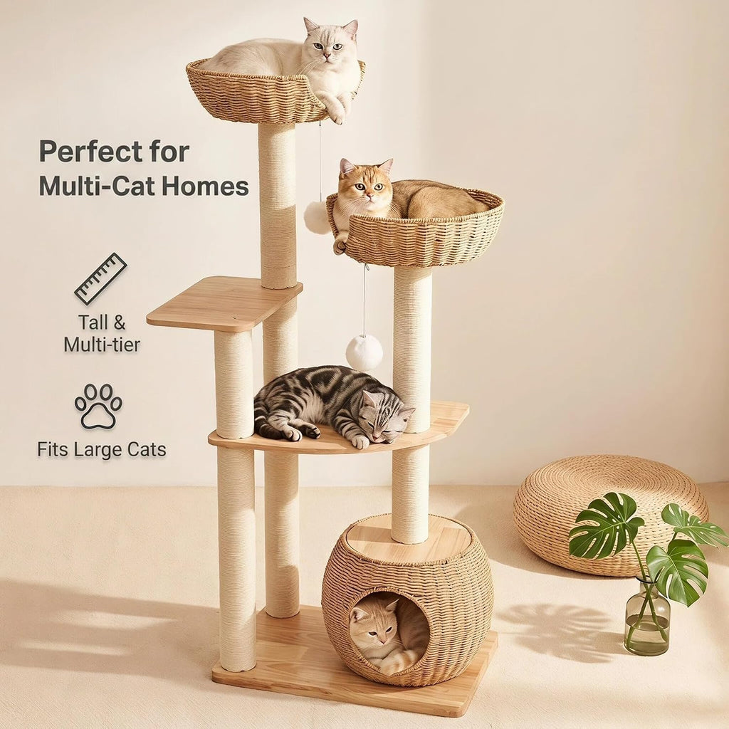 54in Wooden Cat Tree for Large Indoor Cats, Modern Tall Cat Tower