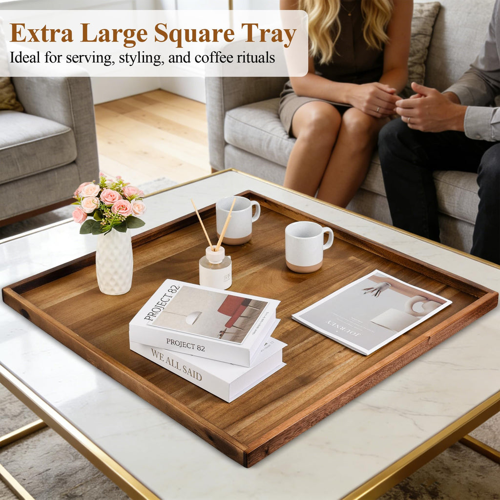 Extra Large Ottoman Tray, Oversized Acacia Wood Serving Tray for Coffee Table, Food, Snacks, Drinks, Decorative Tray