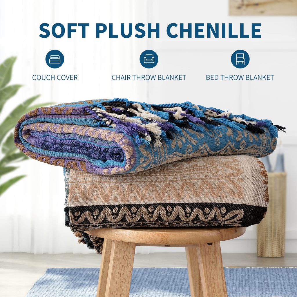 Boho Throw Blanket - Hippie Chenille Jacquard Bohemian Chair Couch Sofa and Bed Furniture Cover with Colorful Tribal