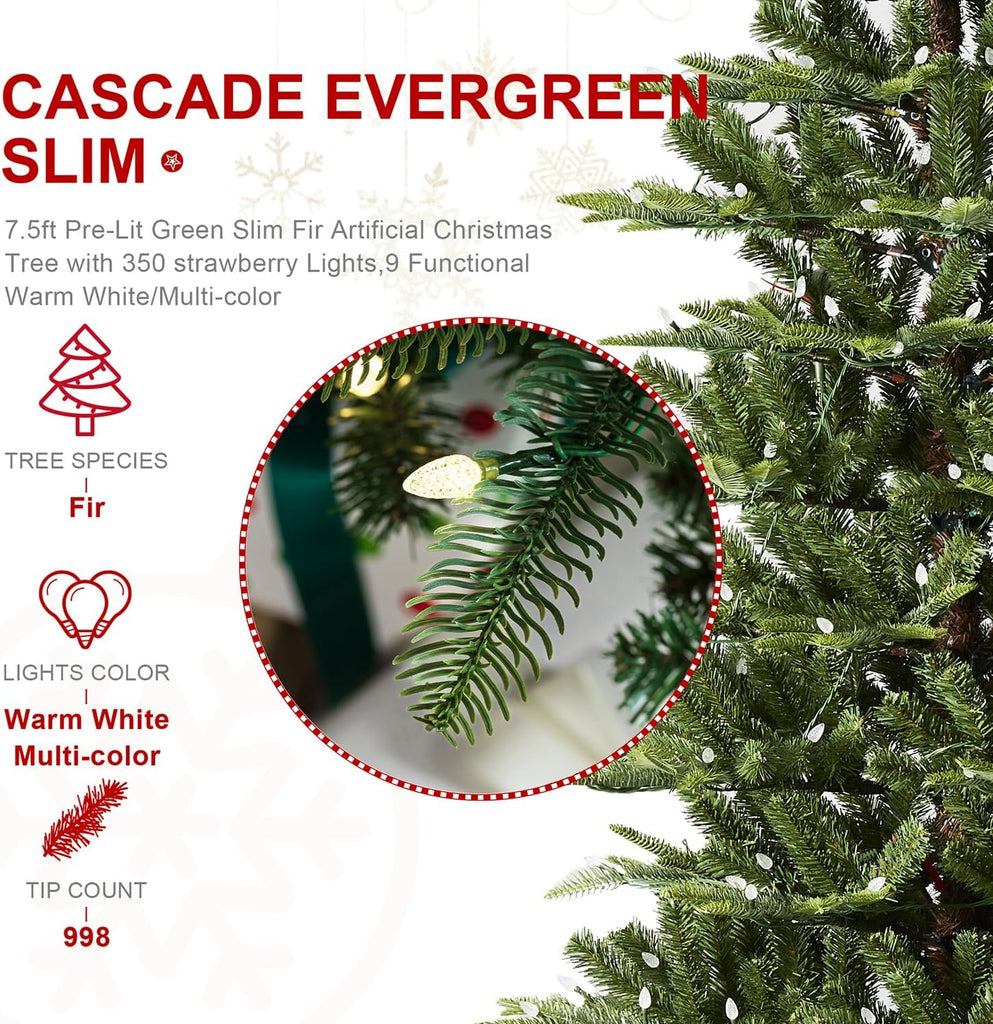 Prelit Artificial Christmas Tree, Cascade Evergreen Slim Christmas Tree with with 350 Color Changing LED Lights