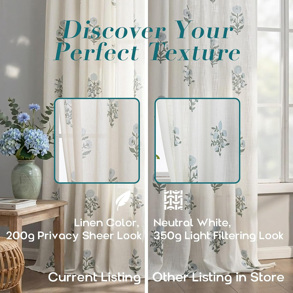 Floral Pinch Pleated Linen Curtains 96 Inch Long 2 Panel Set, Blue Green Grand Millenial Coastal Farmhouse Light