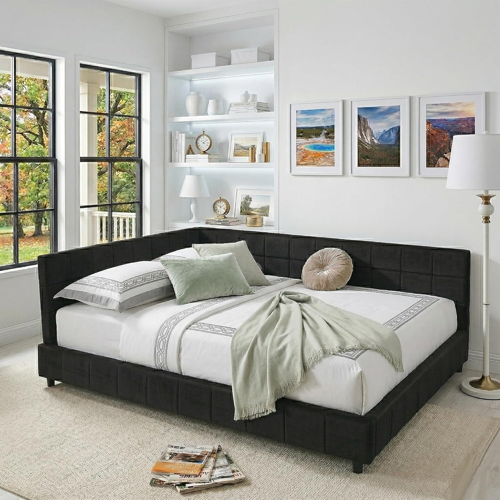 Queen Size Daybed L-Shaped, Modern Velvet Upholstered Sofa Day Bed Frame with Wood Slats Bedroom Guest Room, No Box