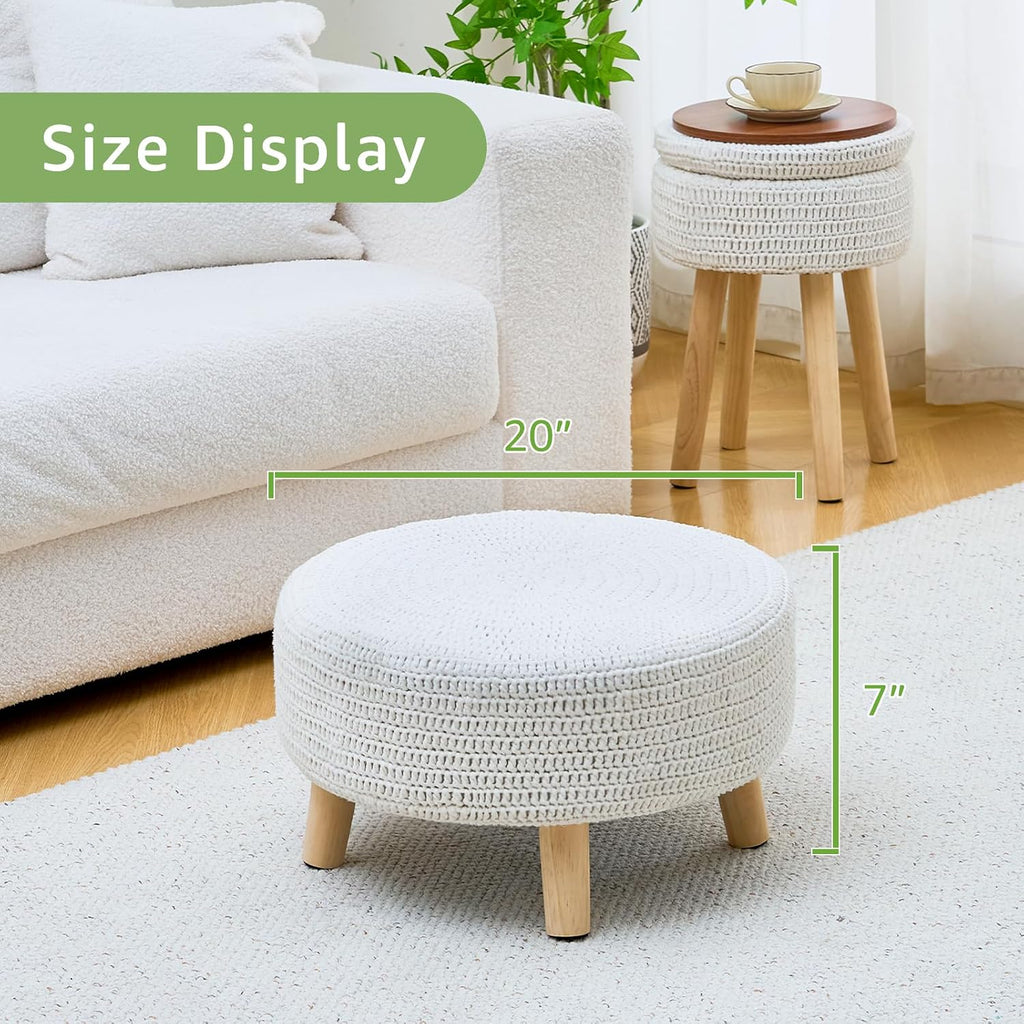 Pouf Ottoman, 100% Cotton Knitted Boho Footstool, Round Footrest with Non-Skid Wood Legs, Home Décor Pouffe, Leisure