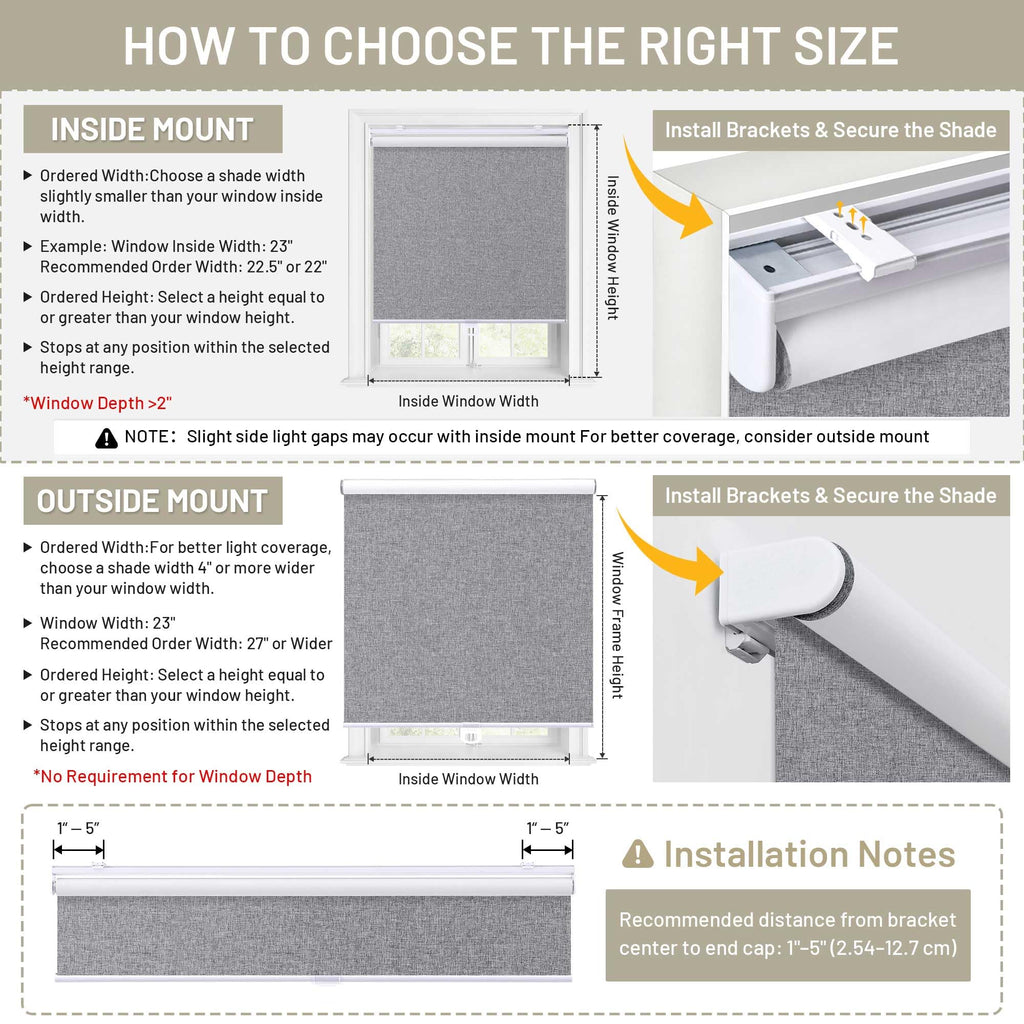 Blackout Cordless Roller Shades Blinds, Custom Size, Grey