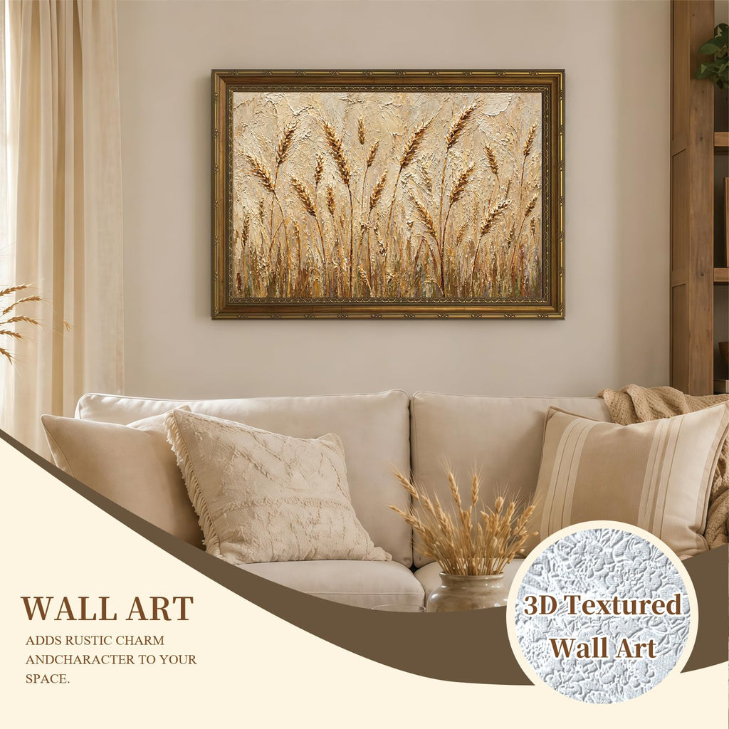 Textured Golden Wheat Ears Vintage Farmhouse Wall Art Room