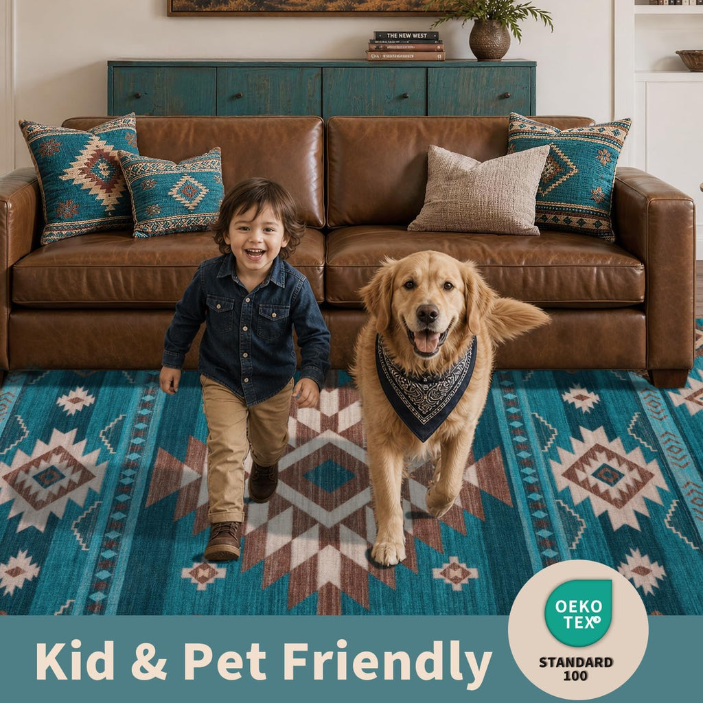 Southwest Teal Rugs, Large Machine Washable Soft Non-Slip Aztec Rug, Low-Pile Non-Shedding Foldable Dining Floor