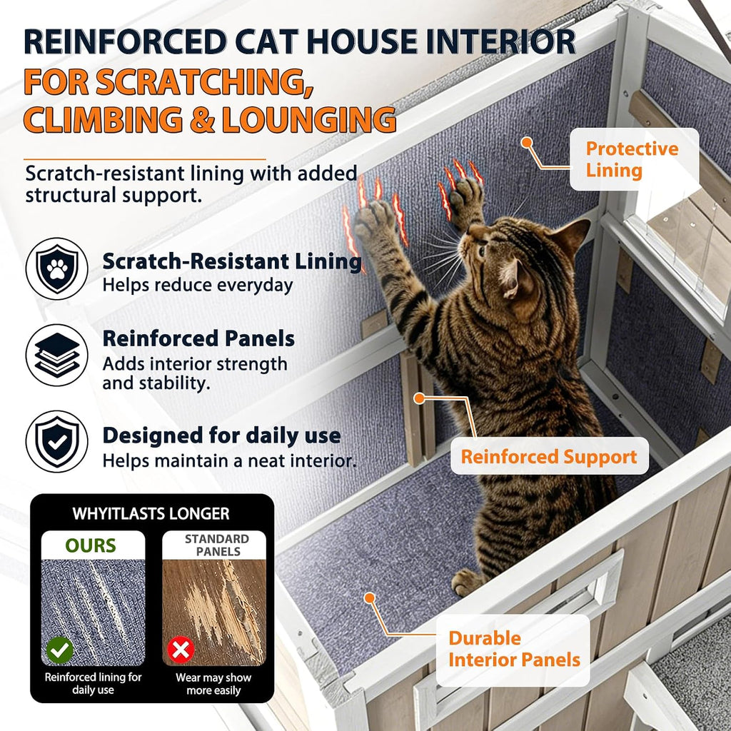 Outdoor Wooden Cat House for 2-3 Cats Weatherproof Cat Shelter with Waterproof Asphalt Roof, Multi Escape Doors