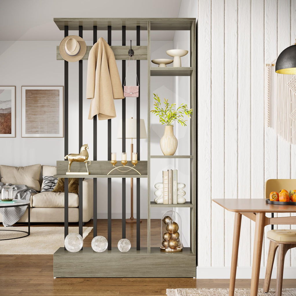 Wall Room Divider, Wood Freestanding Room Divider Bookcase with Shelves & Coat Hooks, 71" Modern Wall Partition
